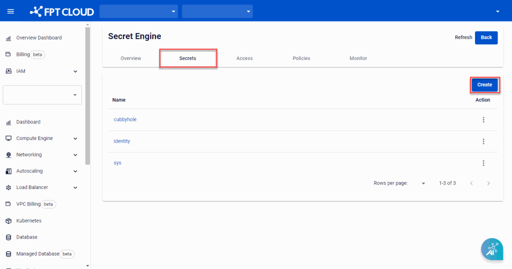 Secret tab with Create button
