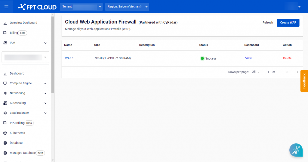 WAF creation status