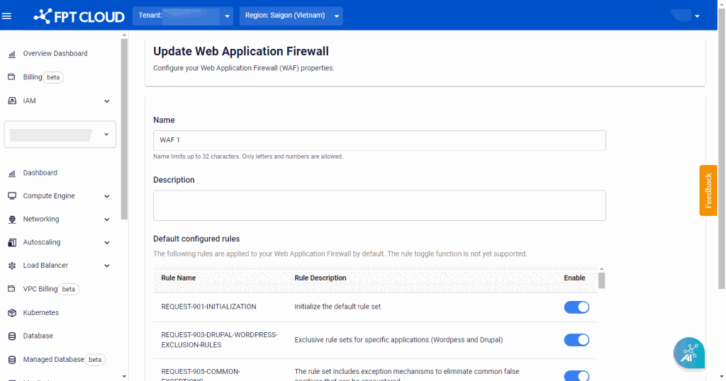 WAF server edit form