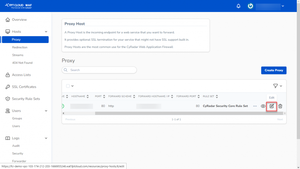 Select Edit on proxy host