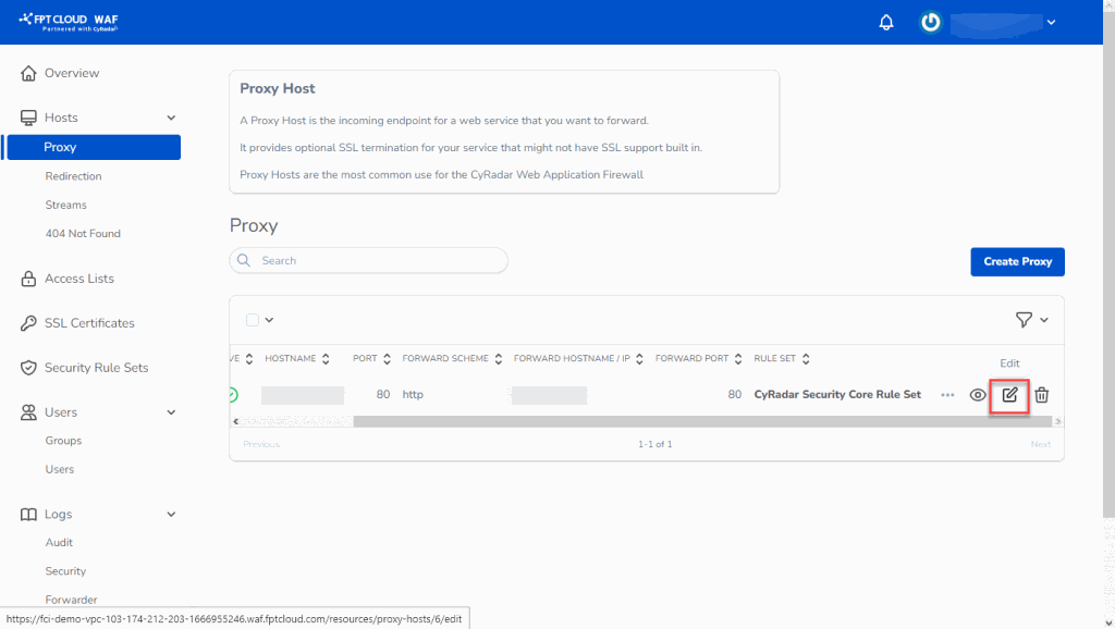 Select Edit on proxy host