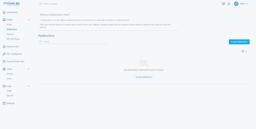 Create redirection host — step 1