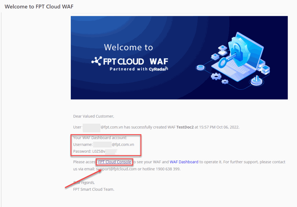 Email with WAF Dashboard login credentials