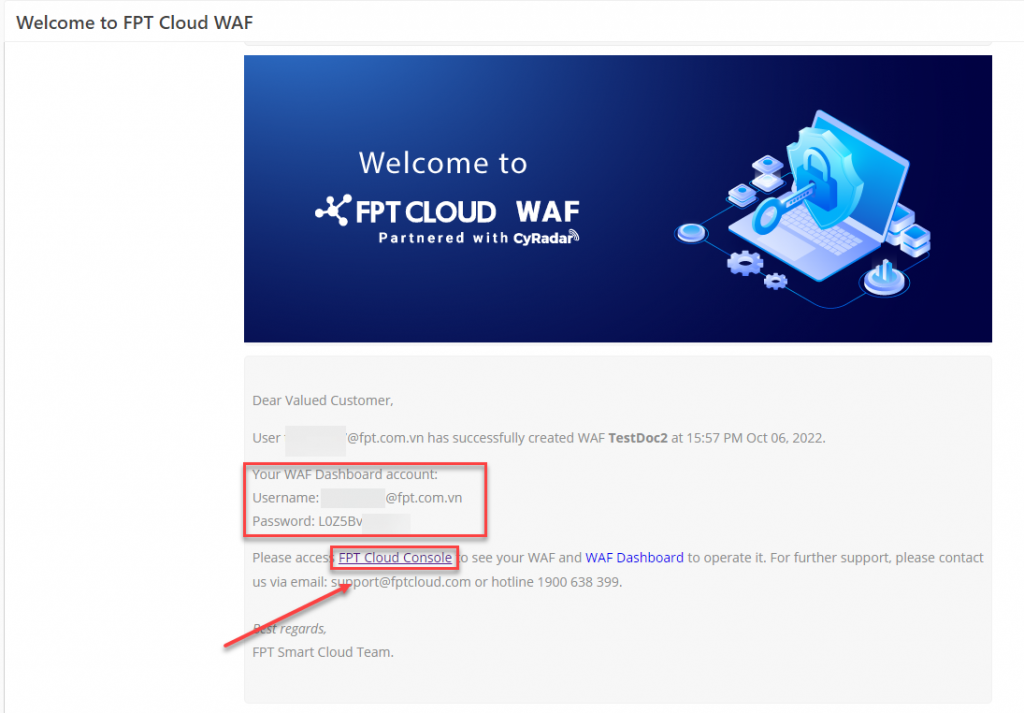 Email with WAF Dashboard login credentials
