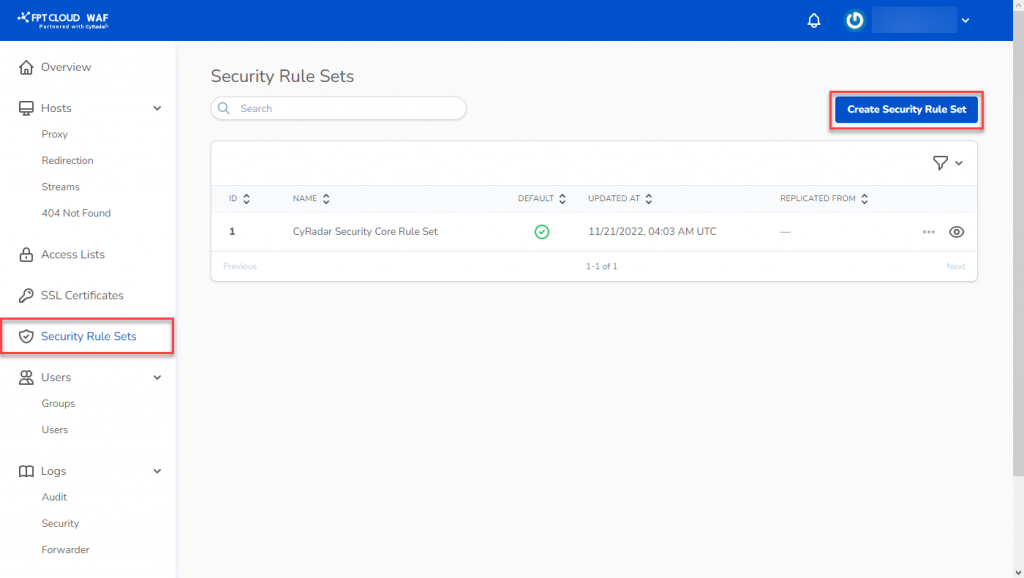 Security rule set management screen