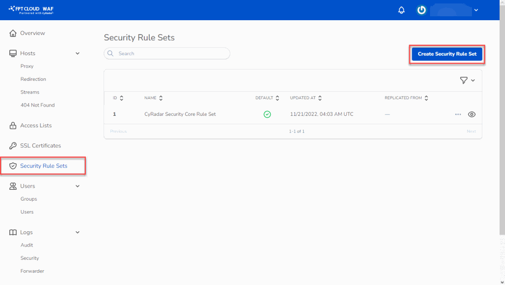 Security rule set management screen
