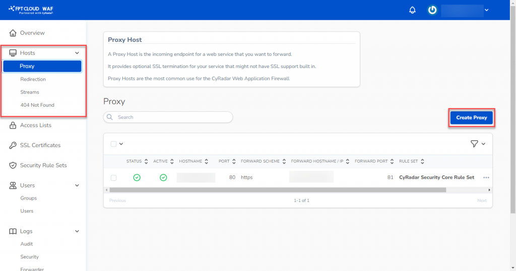 Proxy host screen — create new
