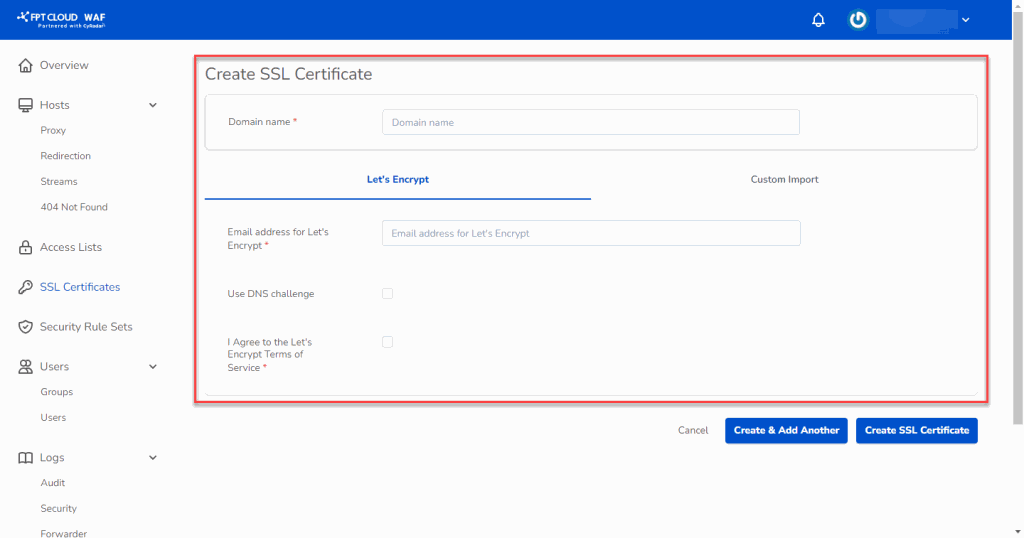 Enter SSL certificate details