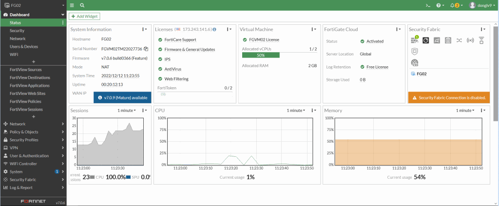 Fortigate dashboard after login