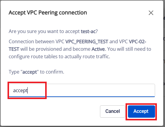 Accept VPC Peering connection dialog