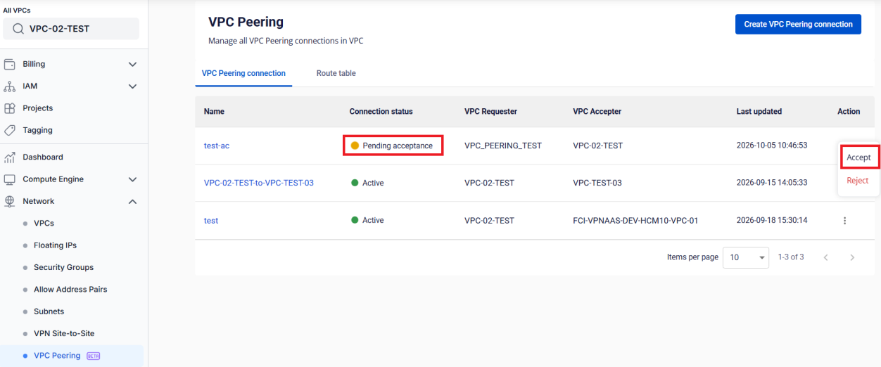 Accept action on a pending connection