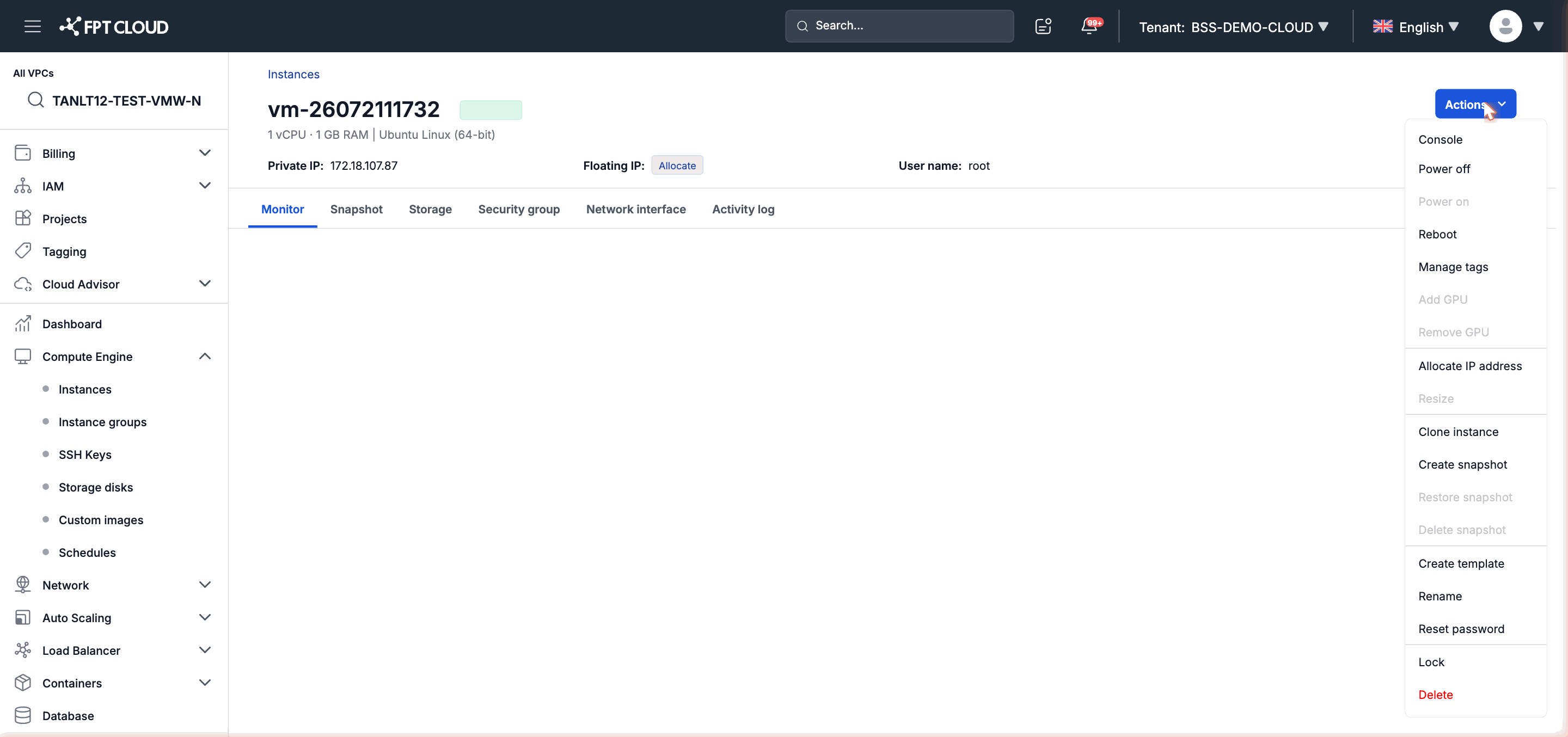 Action menu — select Clone Instance