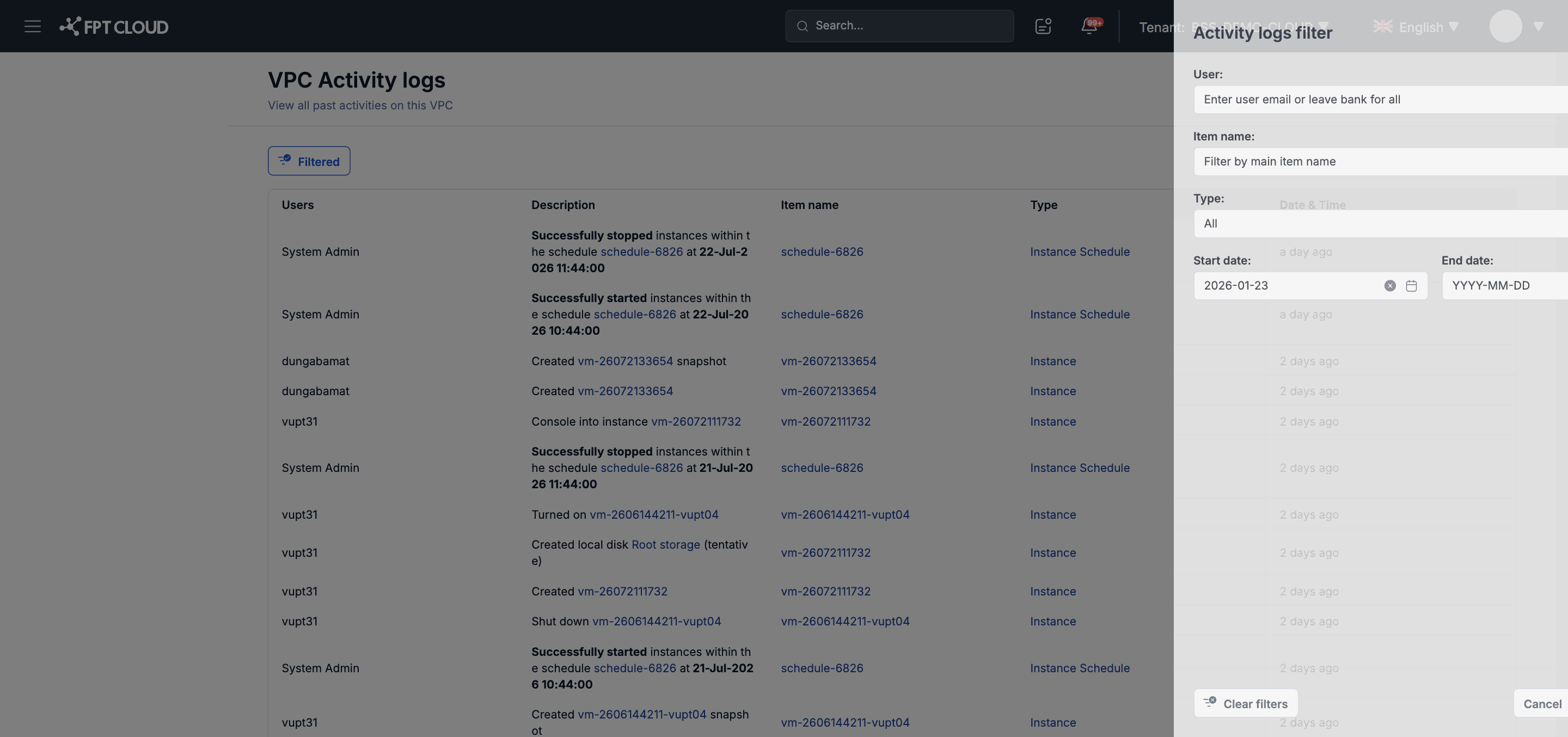 Activity Log Filter