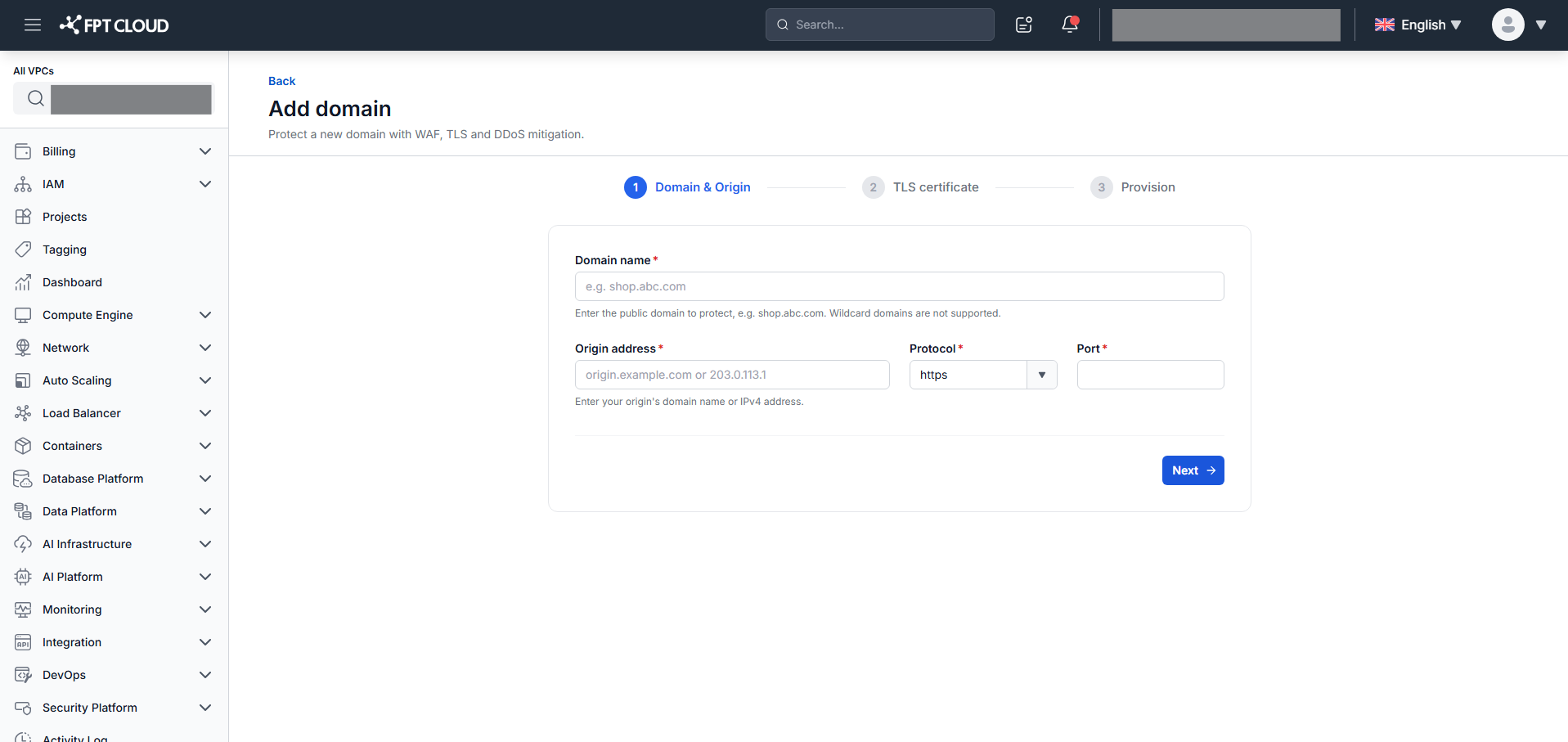 Add Domain — Step 1: Domain name and origin configuration