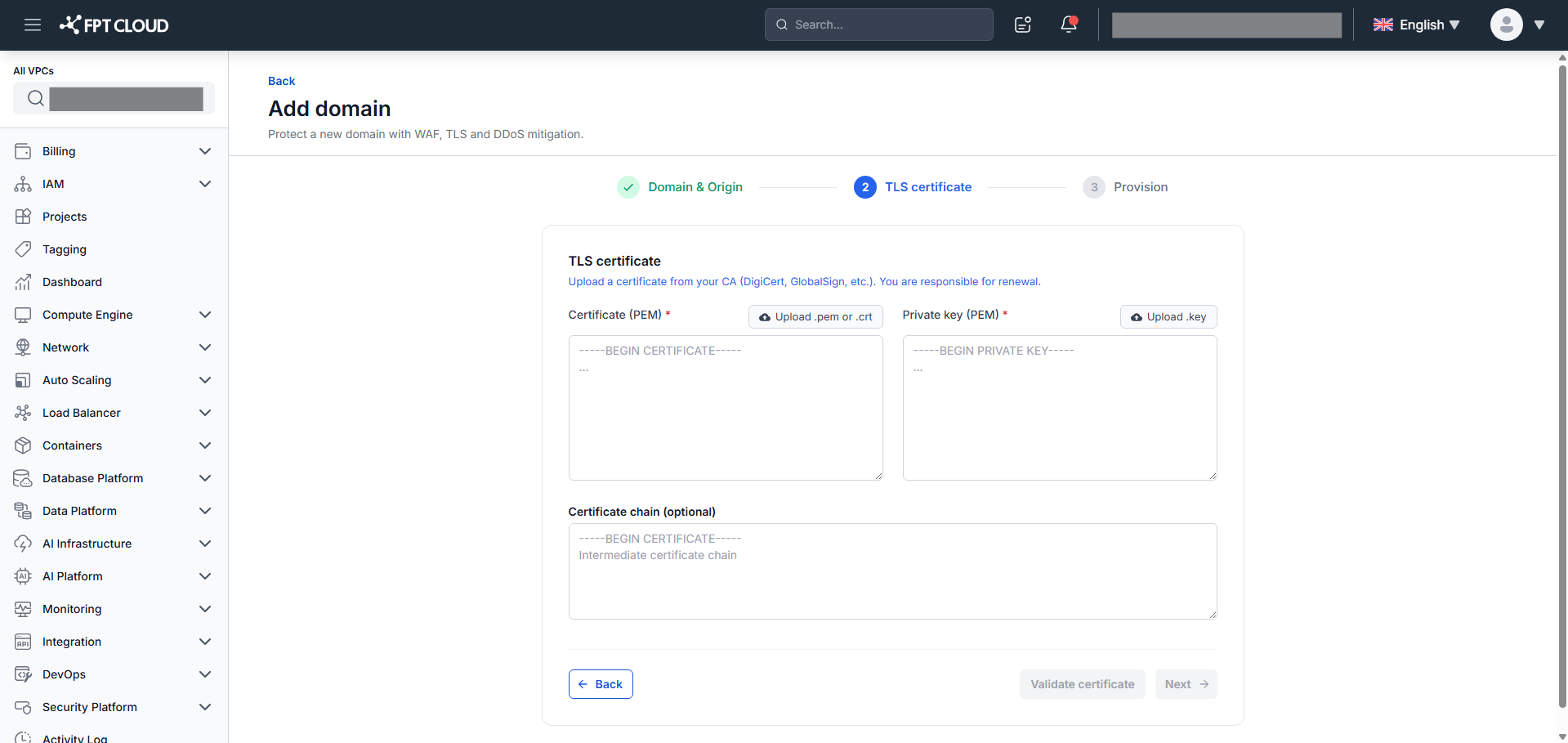 Add Domain — Step 2: TLS certificate upload