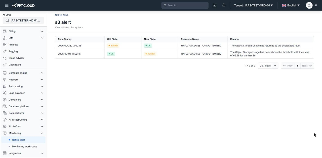 History page of an Object Storage alert with two state changes between OK and ALARM and a Reason column showing the measured value