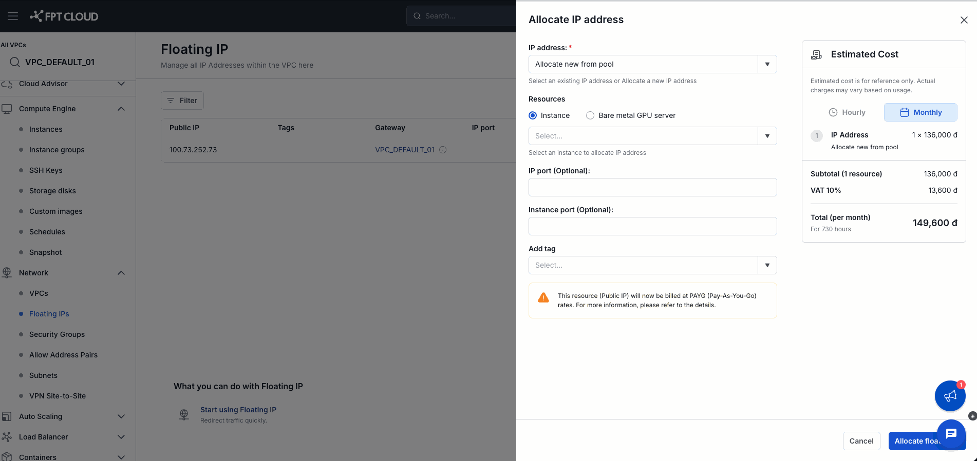 Allocate IP address panel with monthly Estimated Cost