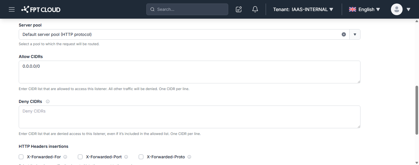 Allow CIDRs and Deny CIDRs section in the Listener Overview tab