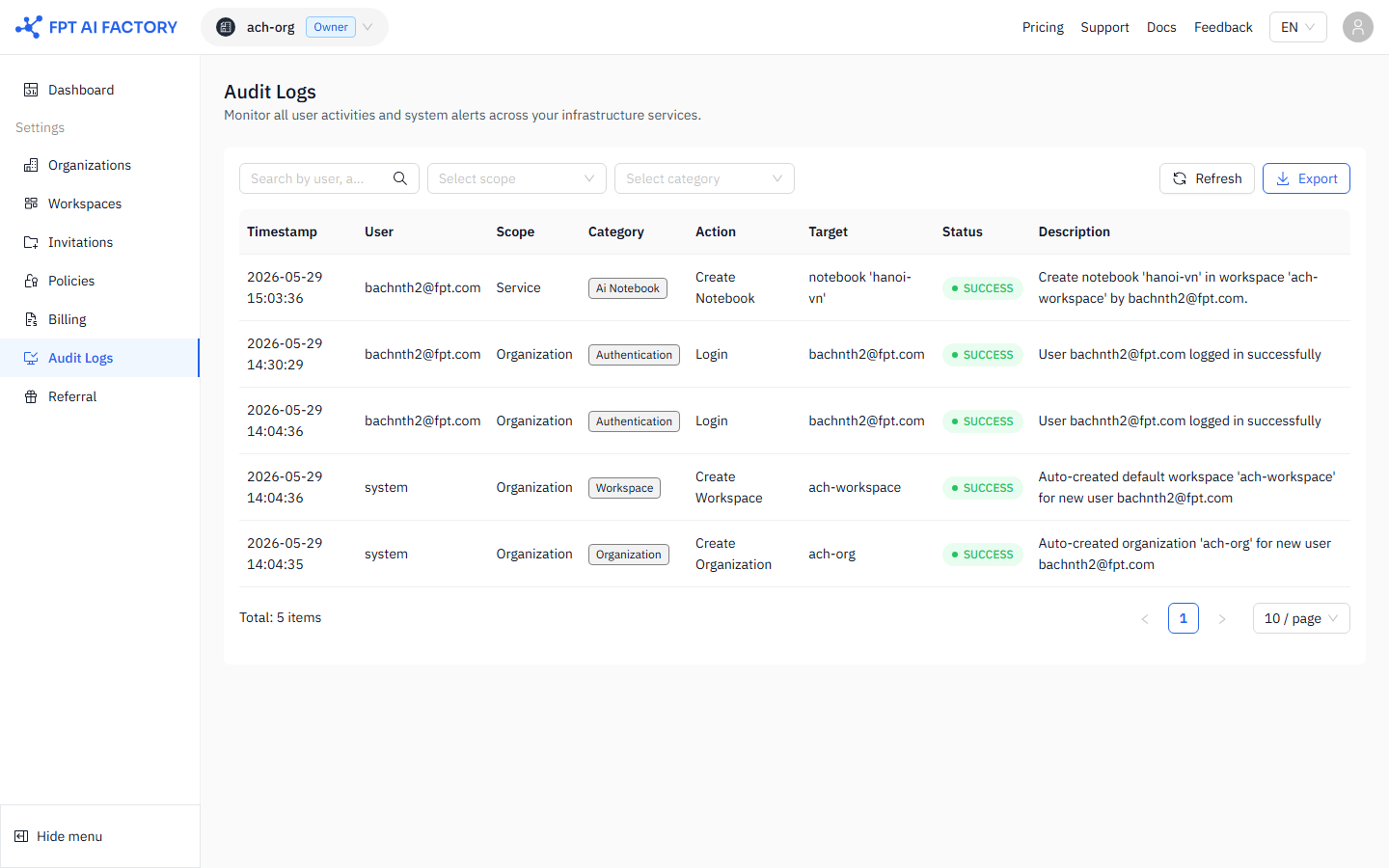 Audit logs page showing the table and filter bar