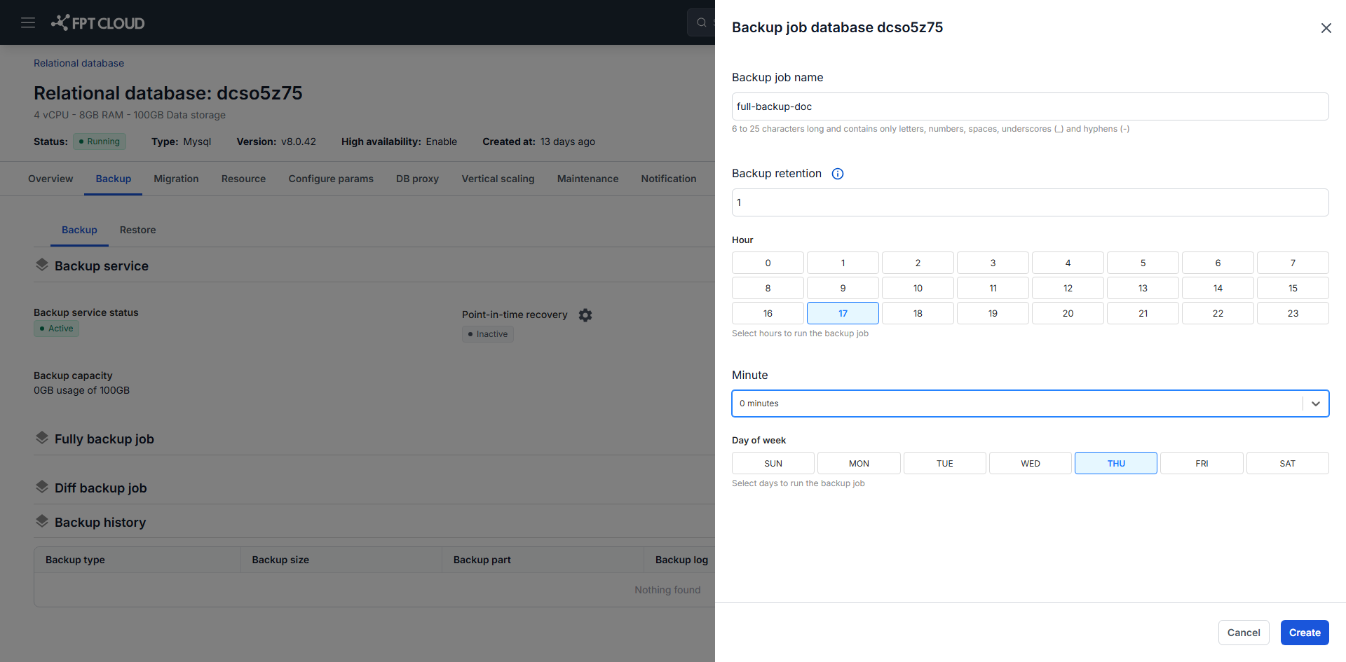 Full backup job configuration dialog with name, retention, and schedule