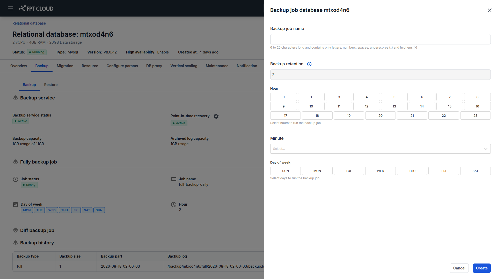 Full backup job configuration dialog with name, retention, and schedule