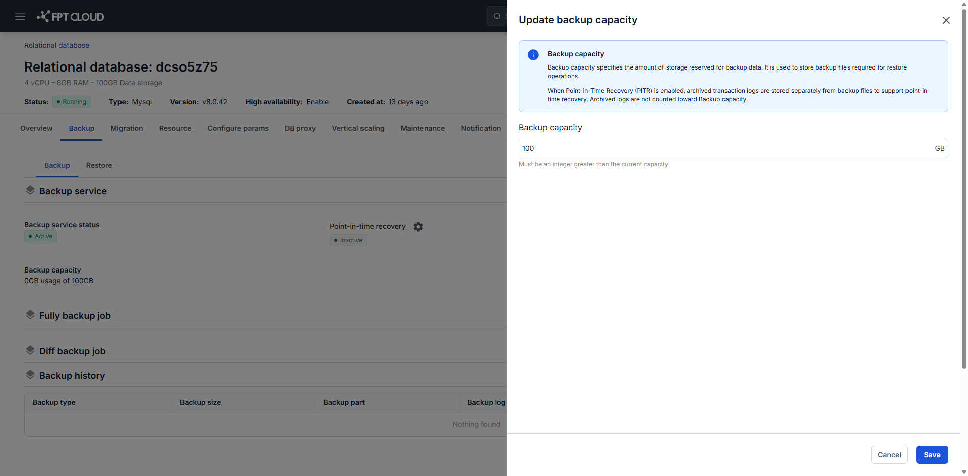 Backup service configuration update dialog