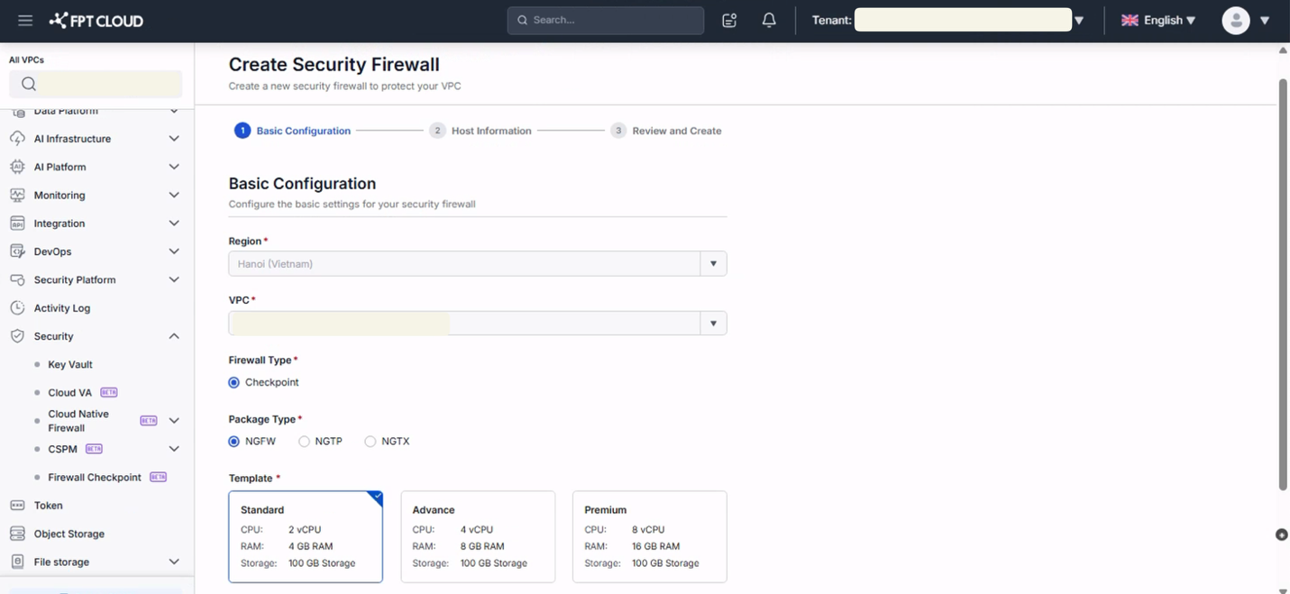 Basic Configuration step with Region, VPC, Package Type, Template, and High Availability toggle