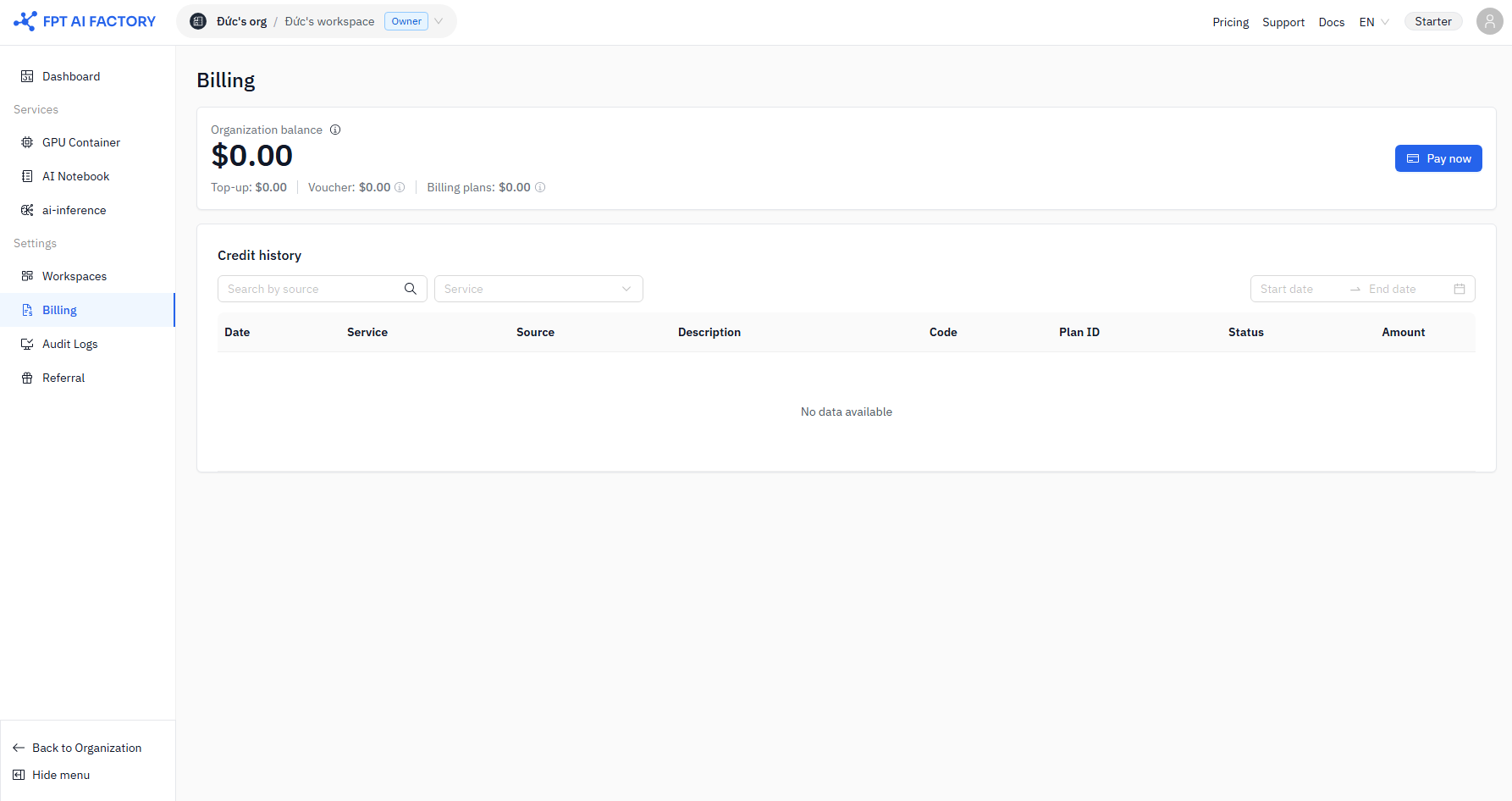 Billing overview showing organization balance
