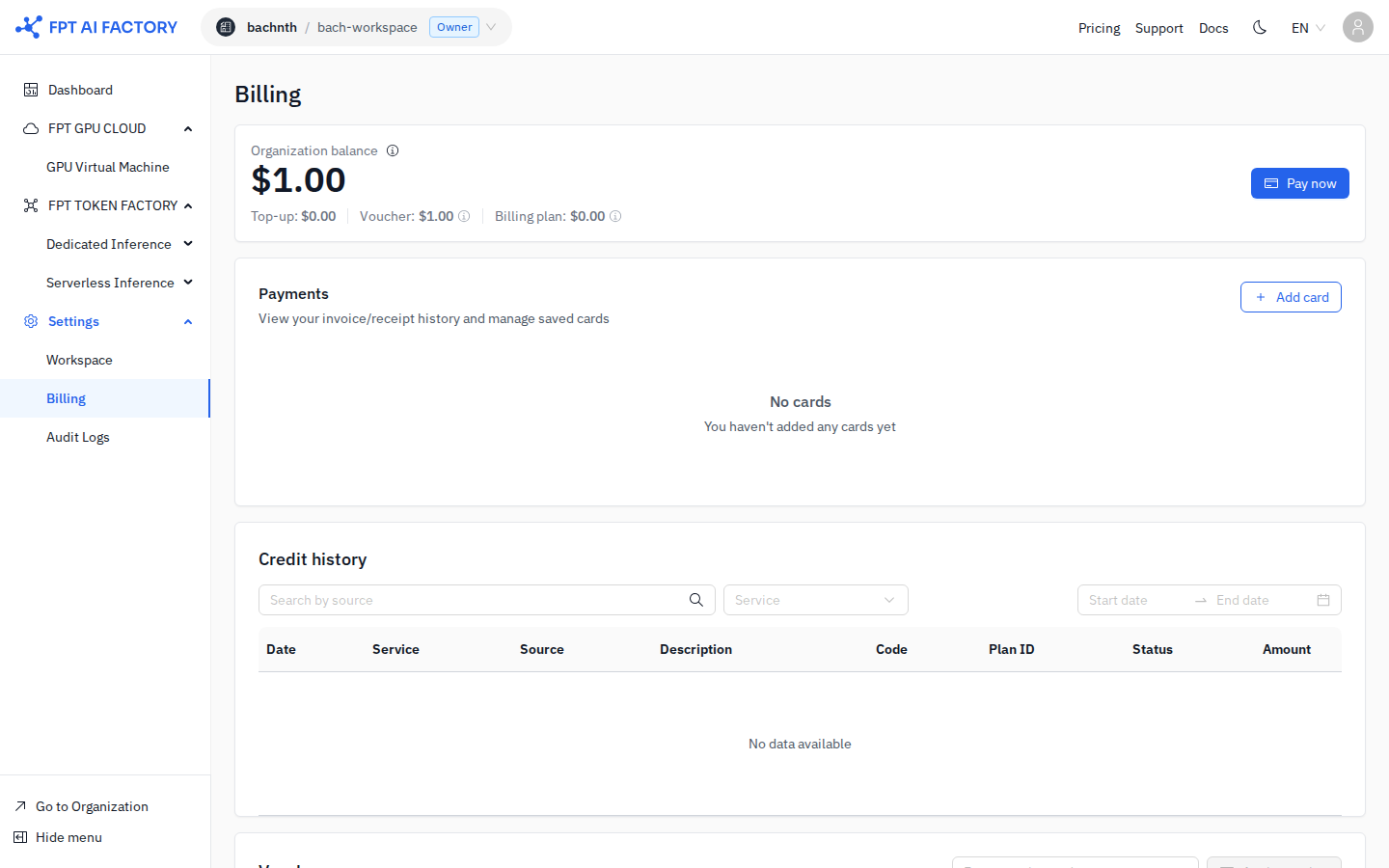 Payments section — no cards saved yet