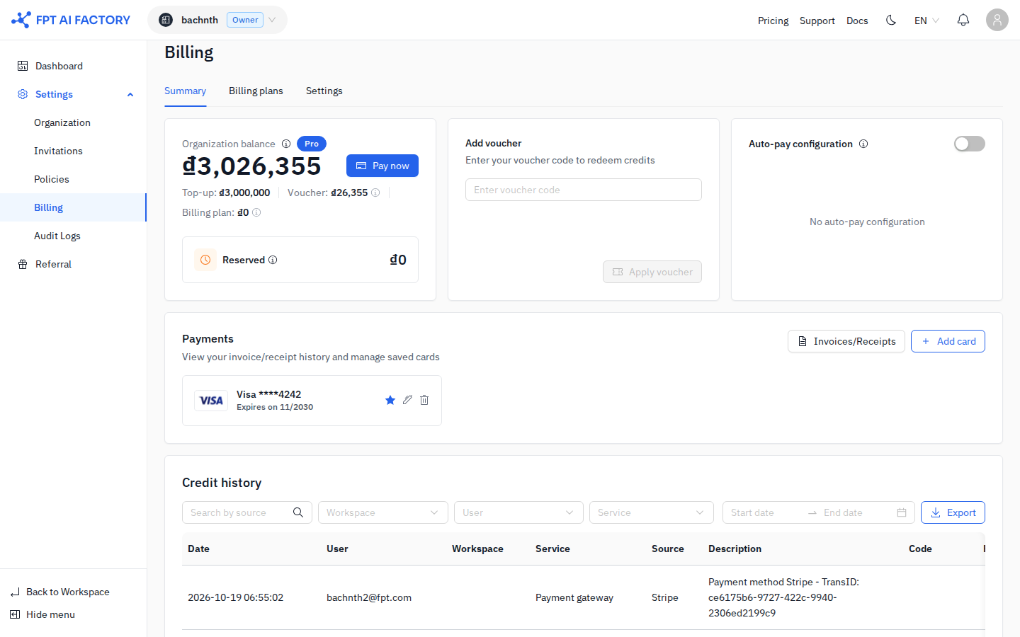 Billing Summary page — Payments section showing the Invoices/Receipts button