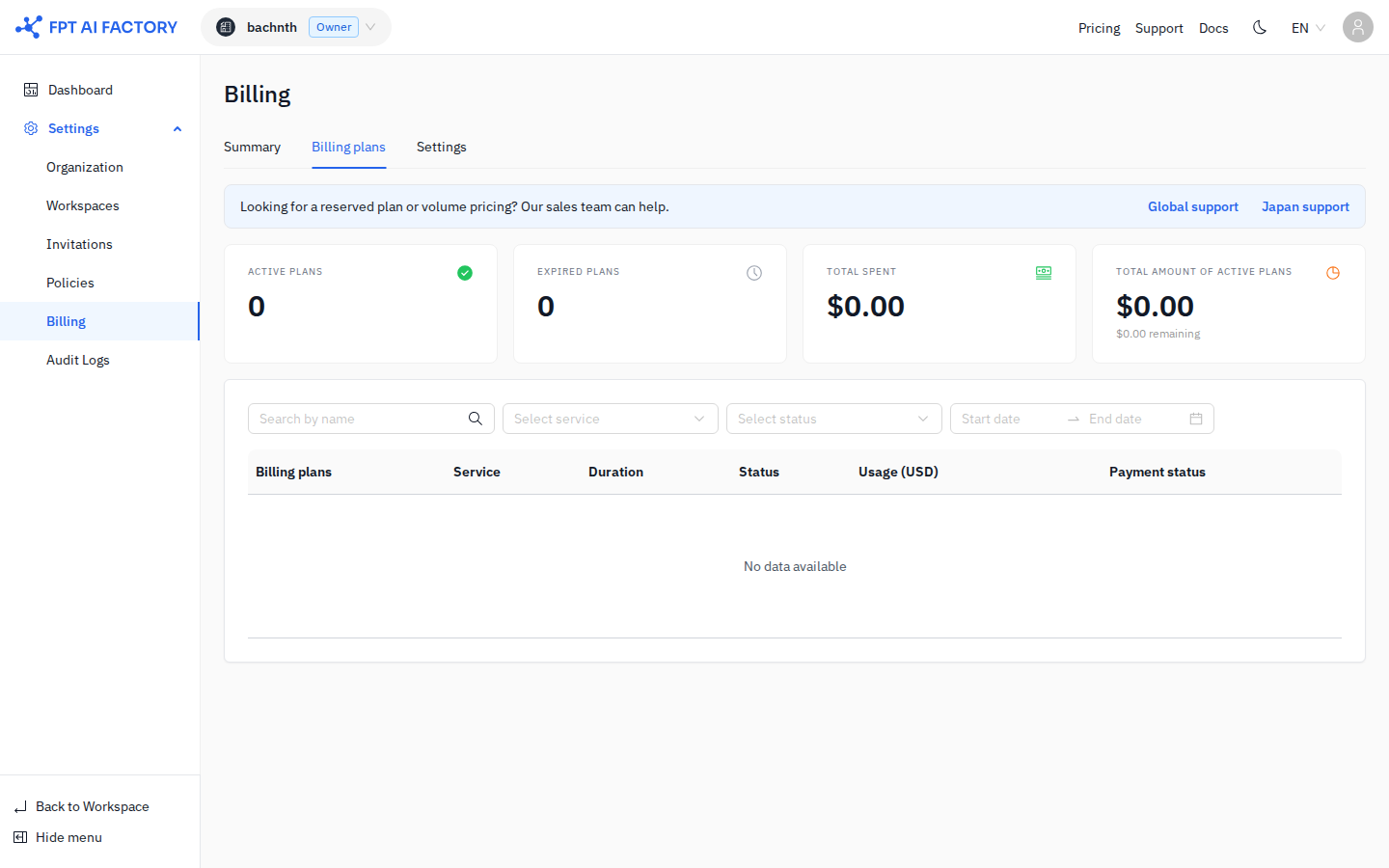 Billing Plans tab