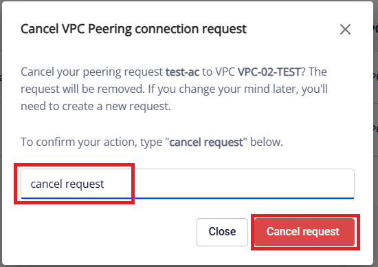 Cancel VPC Peering connection request dialog
