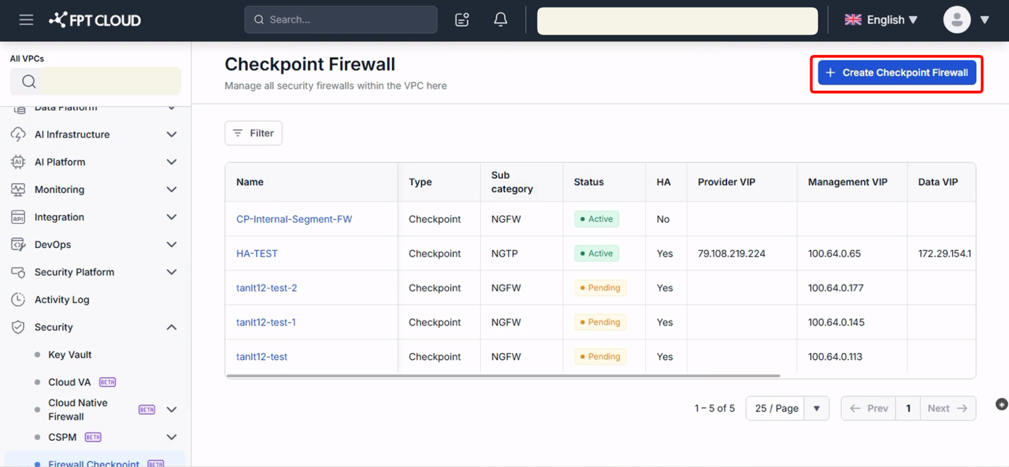 Empty Checkpoint Firewall list with the Create Checkpoint Firewall button