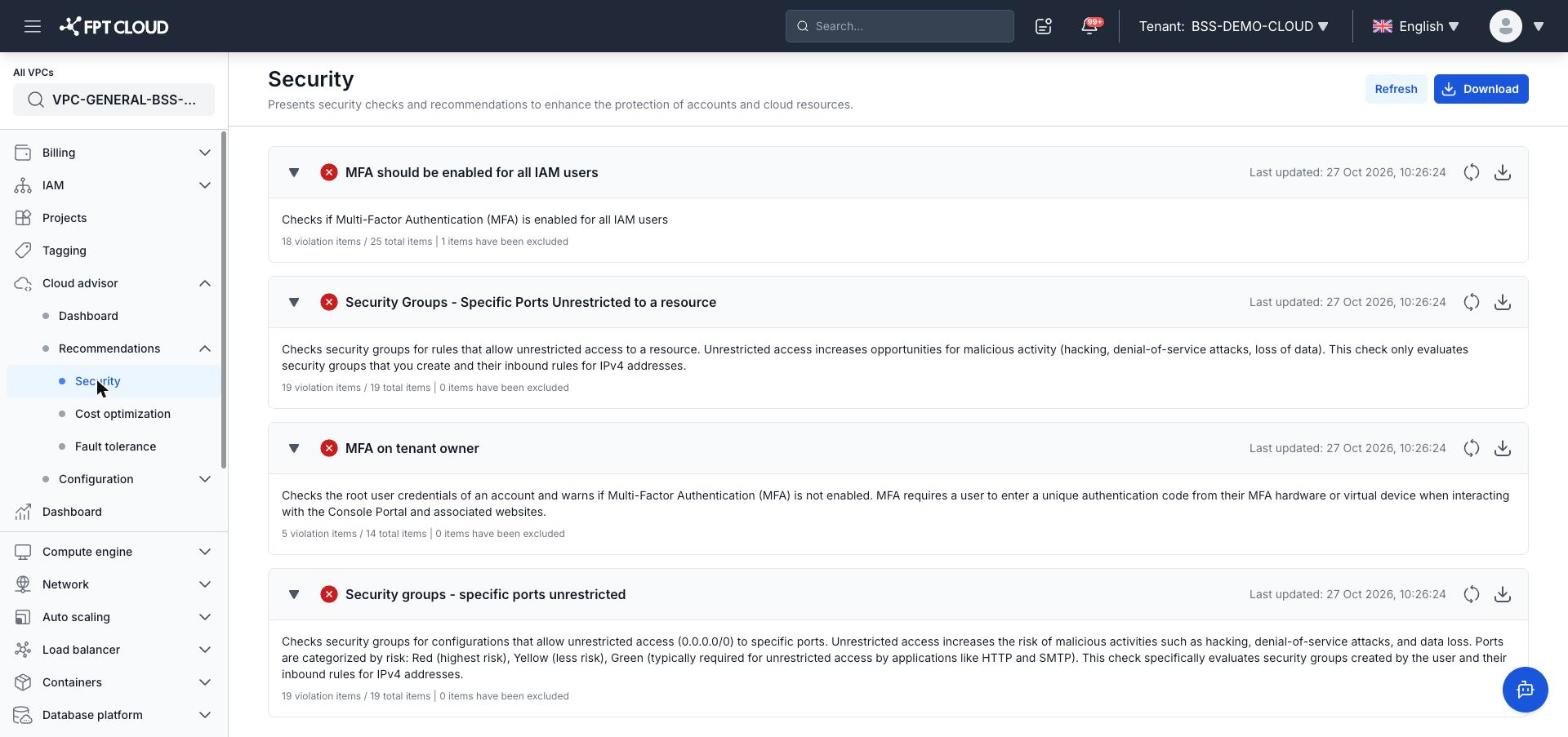 Security recommendations page