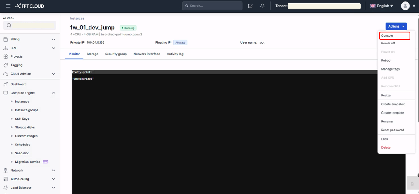 Compute Engine VM list with the Actions menu open on Console