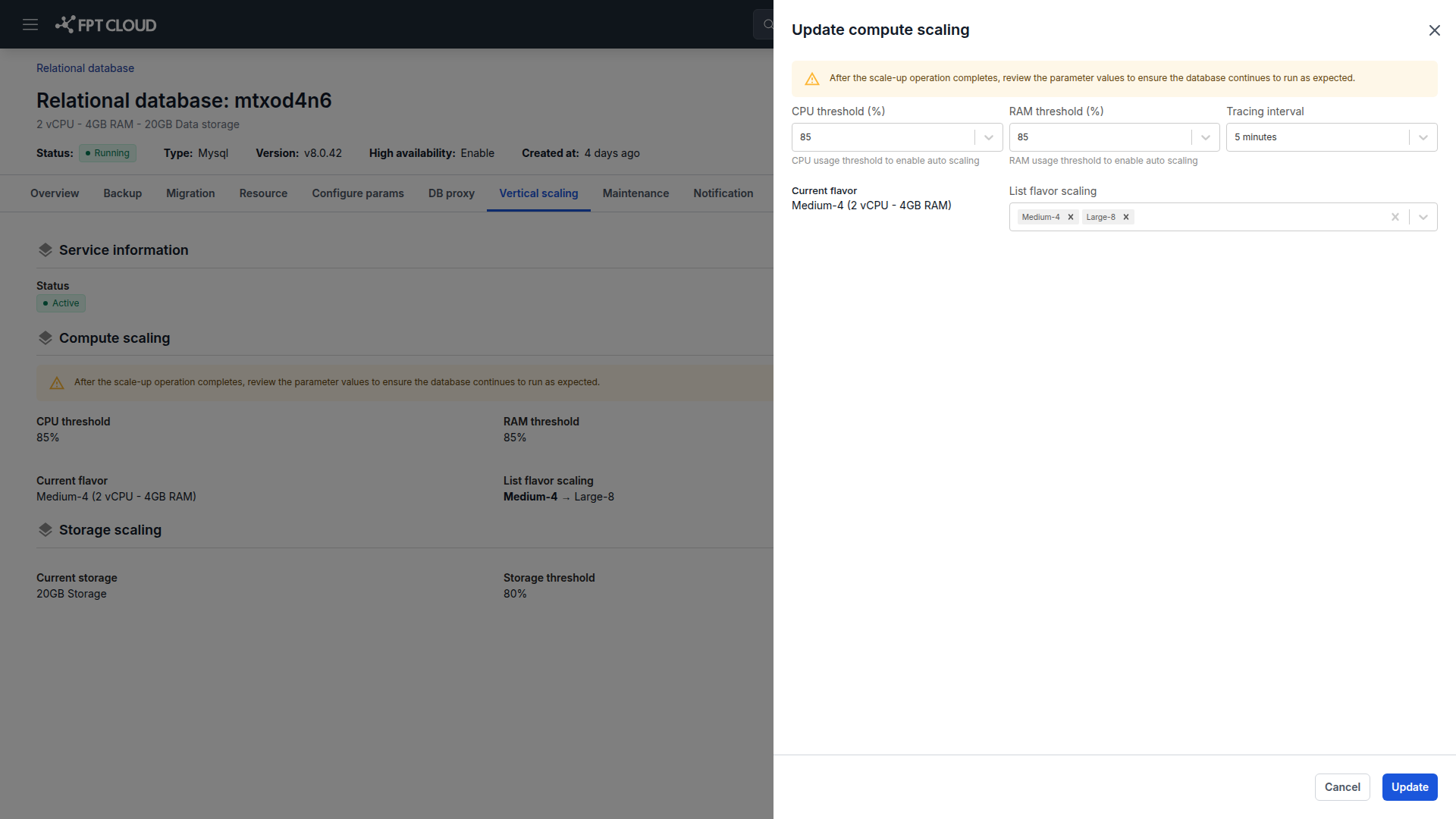 Update compute scaling dialog with thresholds and flavor list