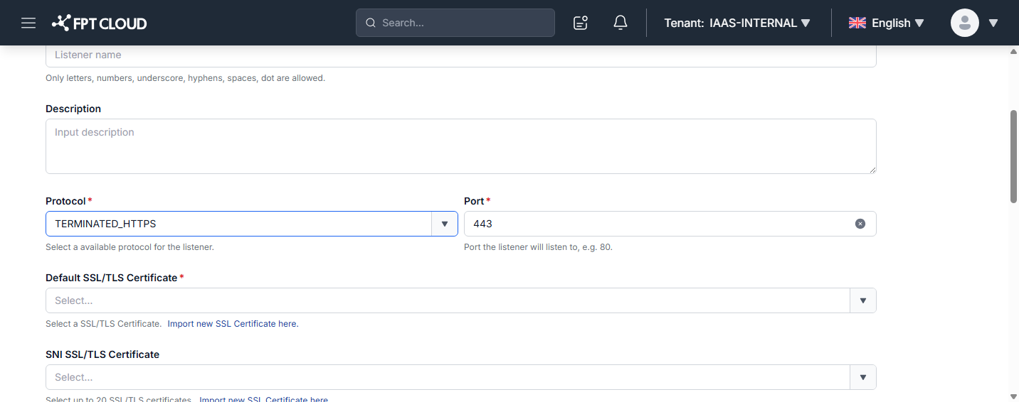 Default SSL/TLS Certificate and SNI SSL/TLS Certificate fields on a TERMINATED_HTTPS listener