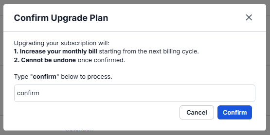 Confirm Upgrade Plan dialog with the confirm text field