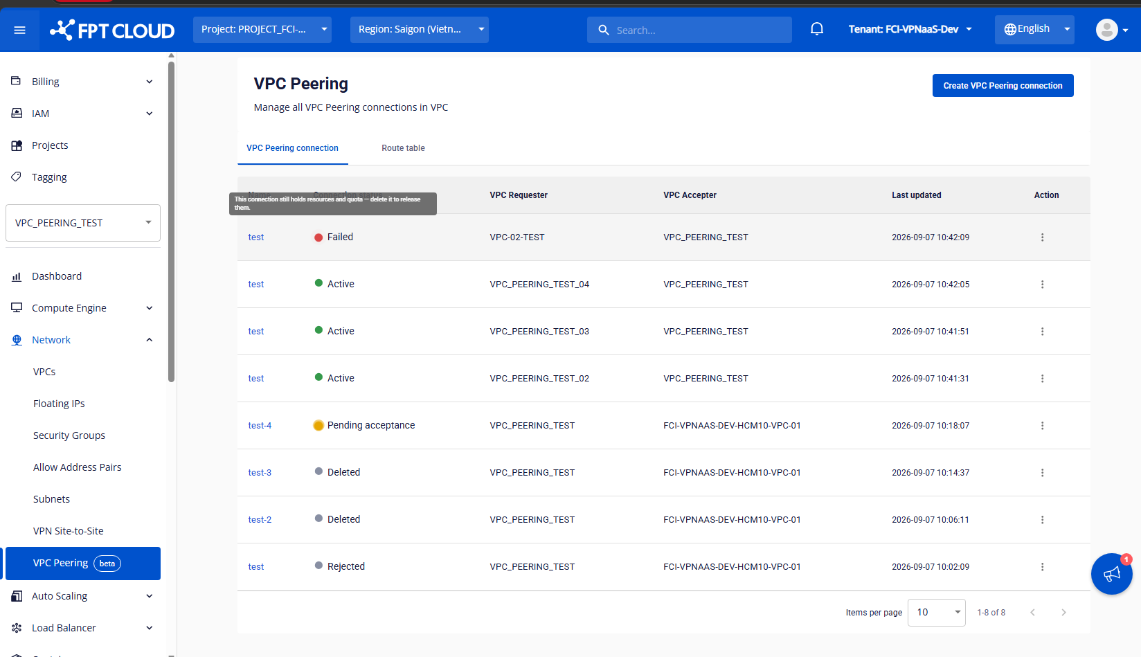 Connections in different statuses on the VPC Peering list