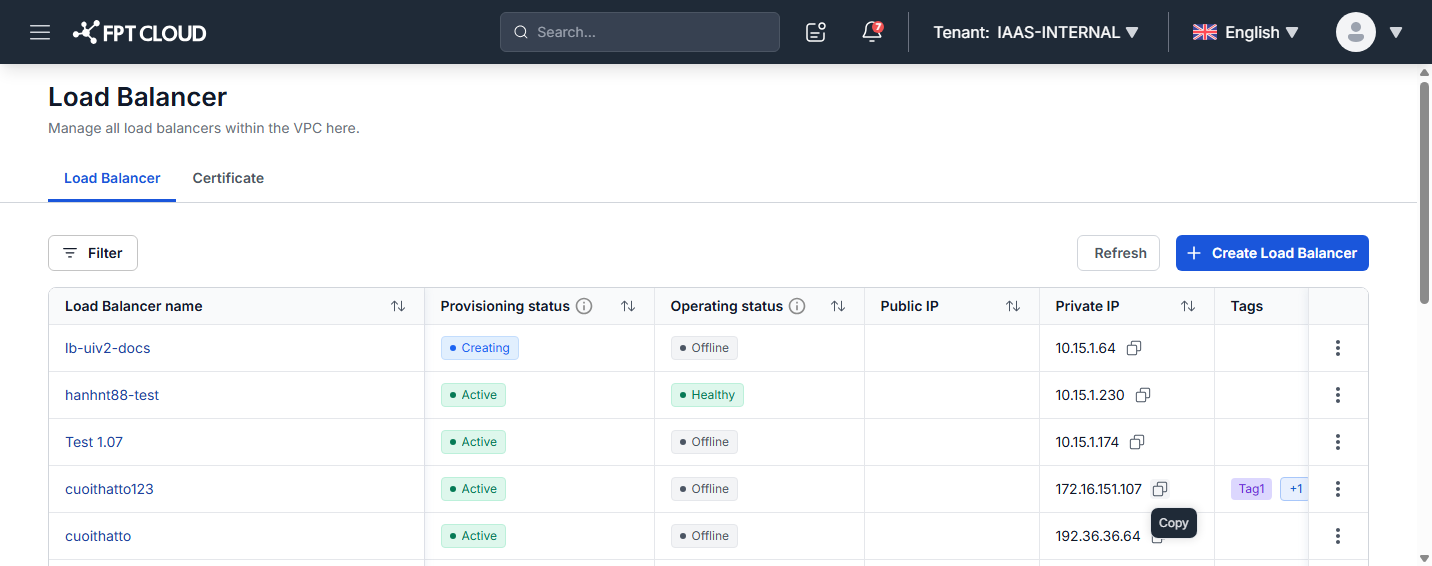 Load Balancer list with status