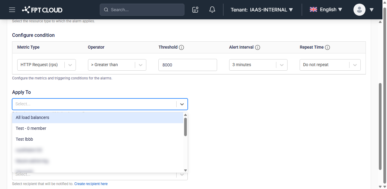 The Apply To field listing each Load Balancer in the VPC