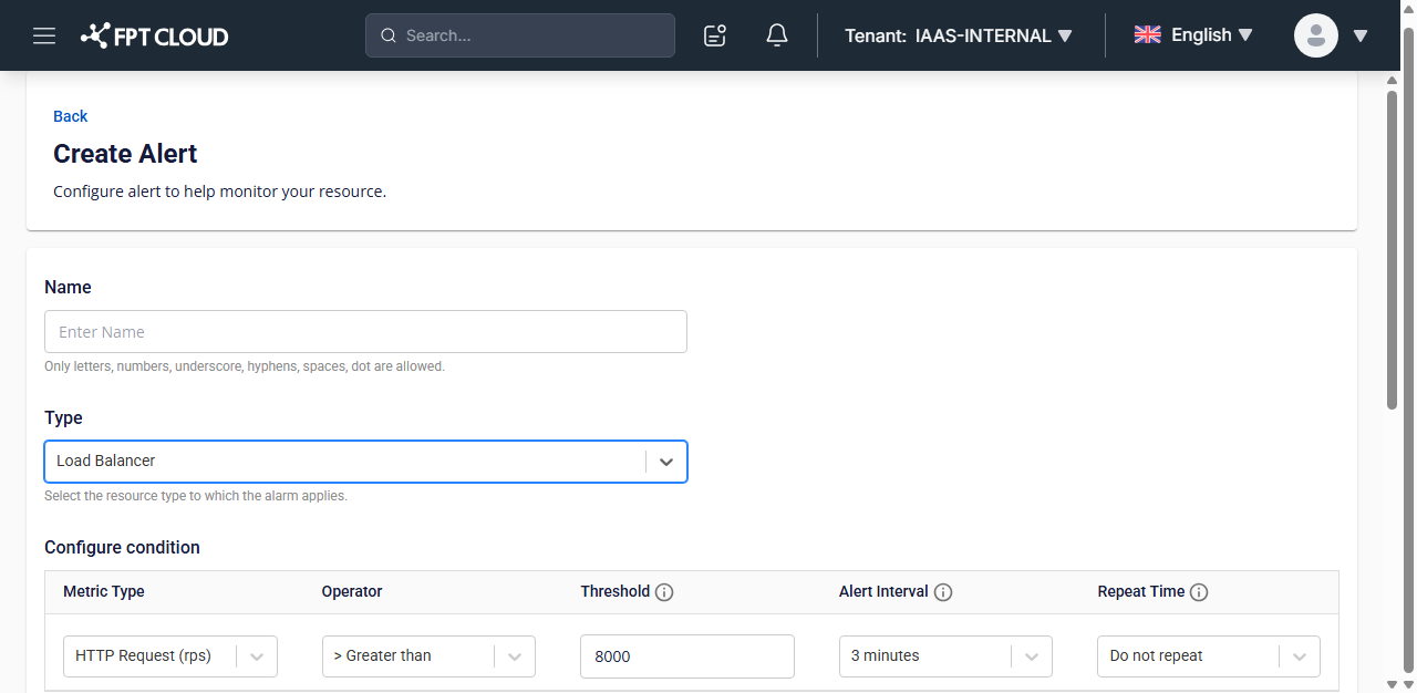 Create Alert screen with Type set to Load Balancer