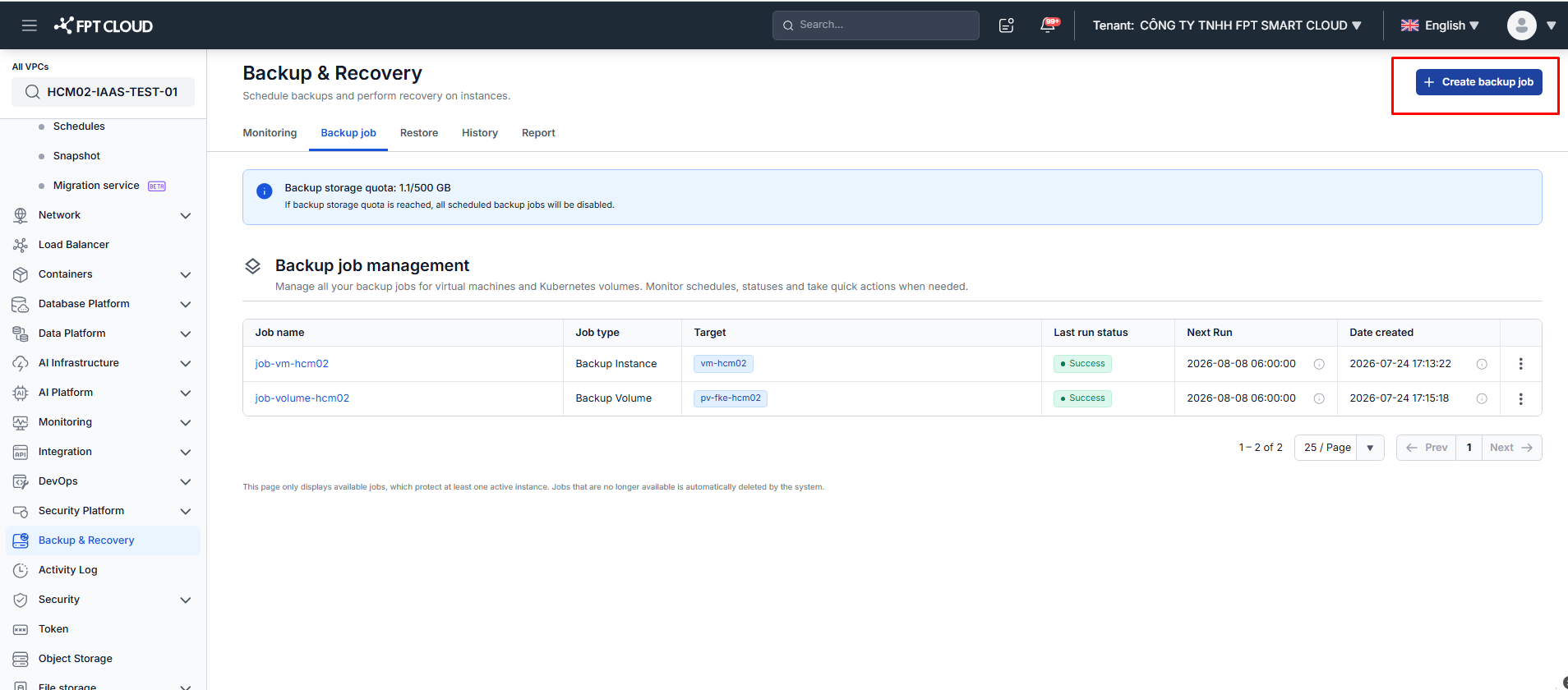 Create backup job button