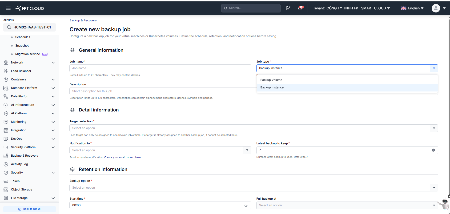 Create new backup job form