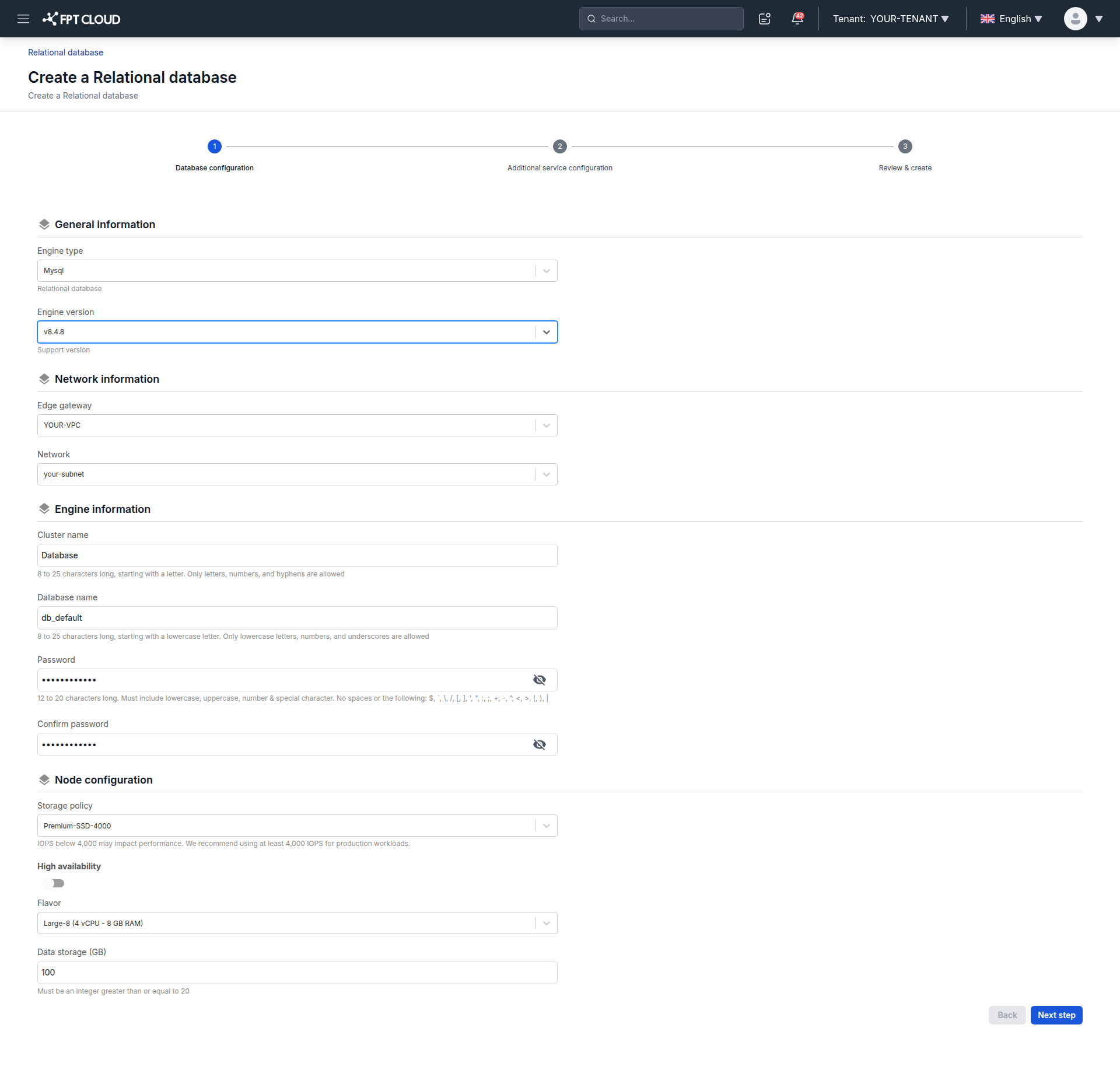 Step 1 of the provisioning wizard with engine, network, and node configuration