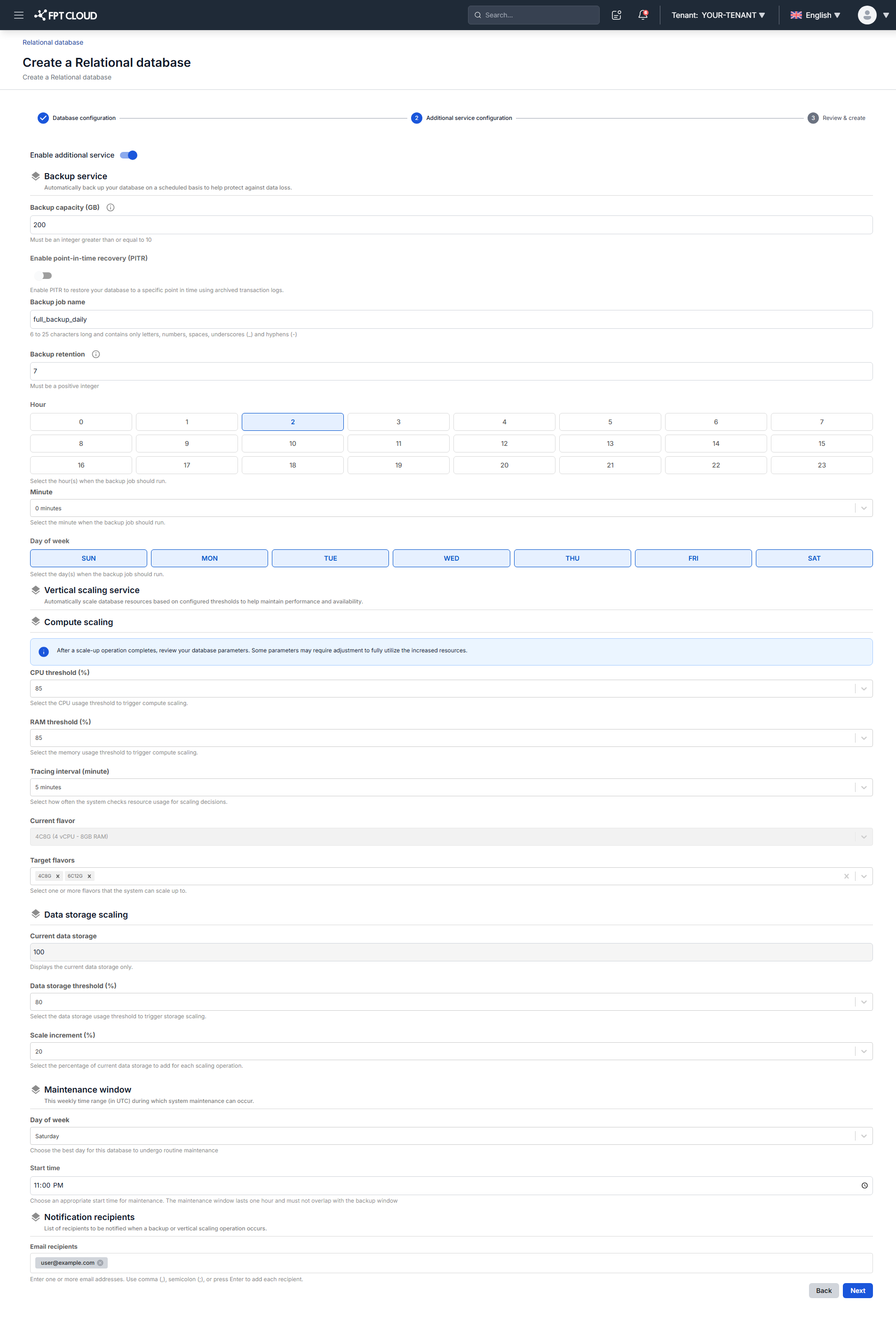 Step 2 of the wizard with backup, scaling, maintenance, and notification settings