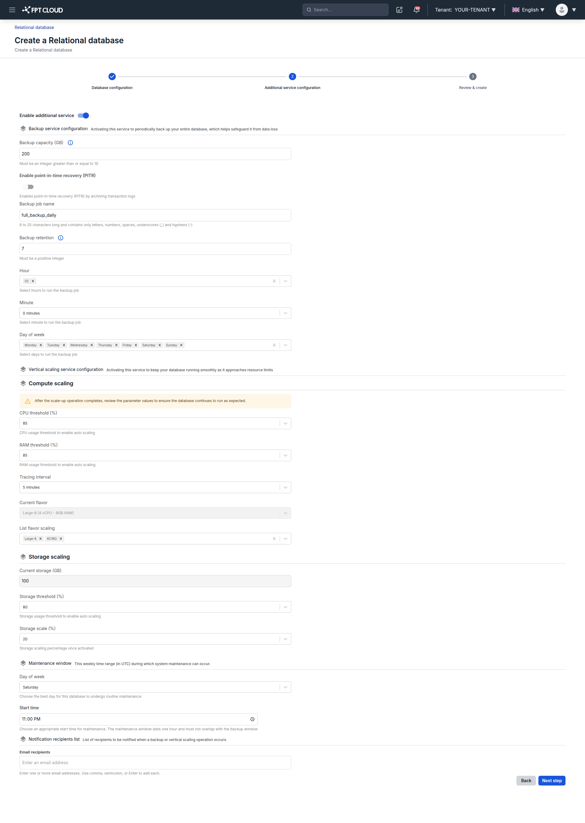 Step 2 of the wizard with backup, scaling, maintenance, and notification settings