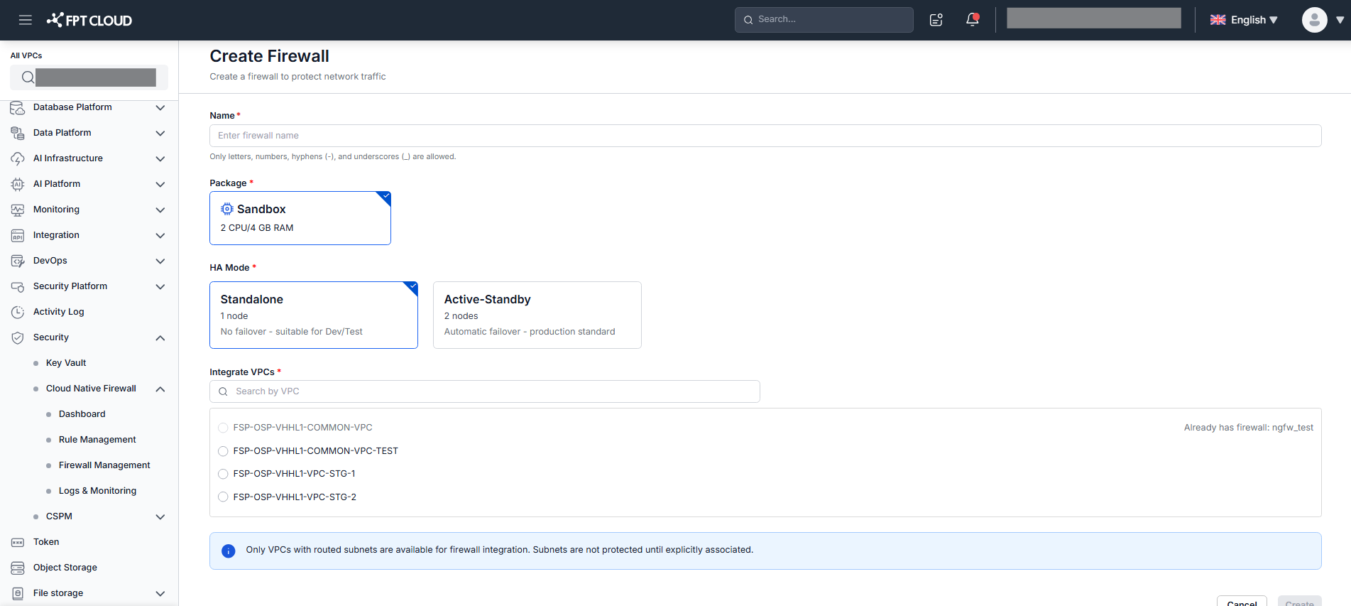 Create Firewall form