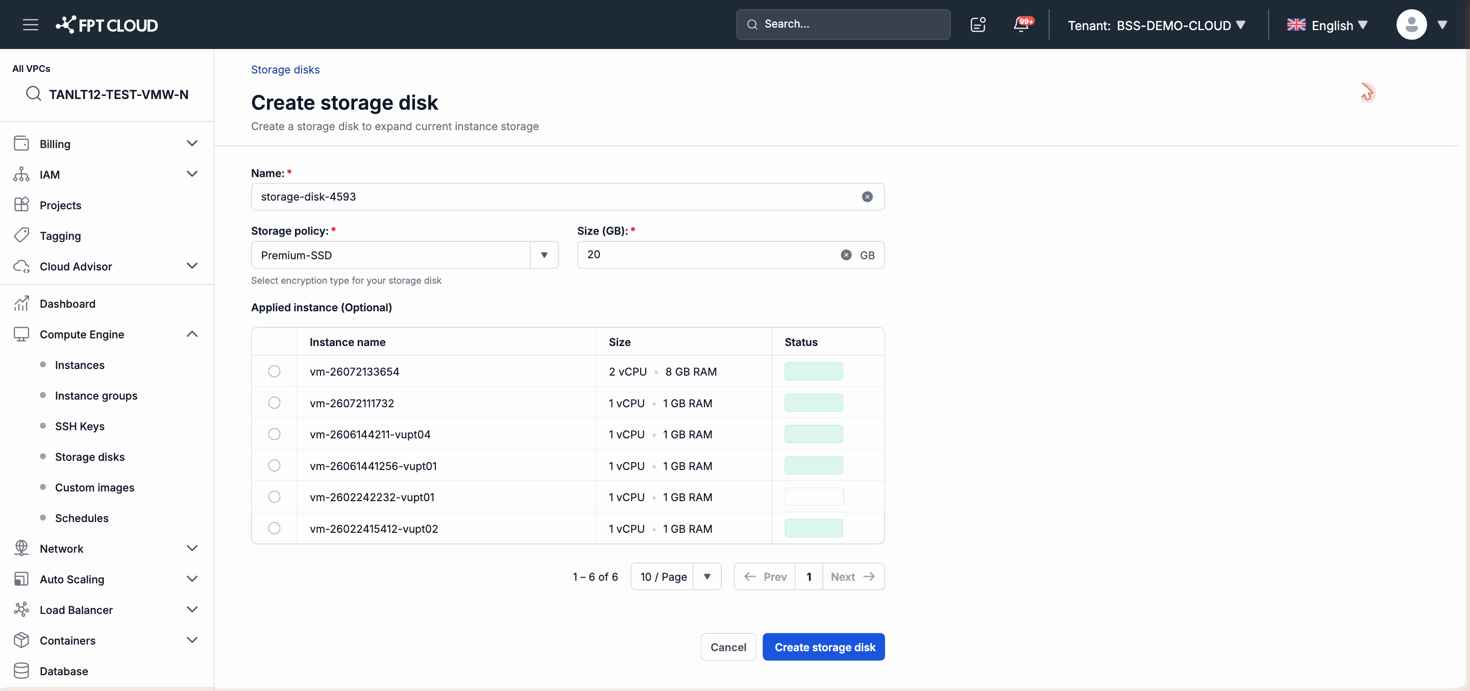 Storage Disk creation form
