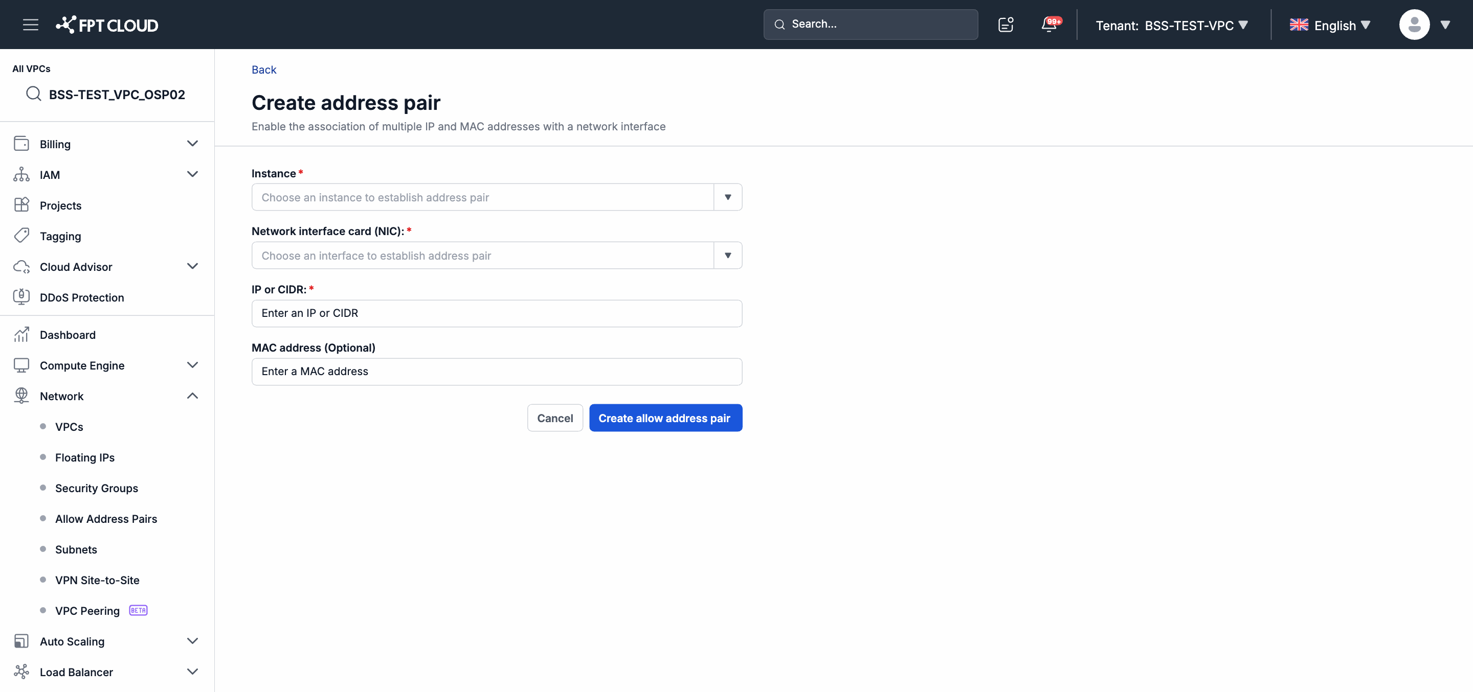 Create Allow Address Pair form